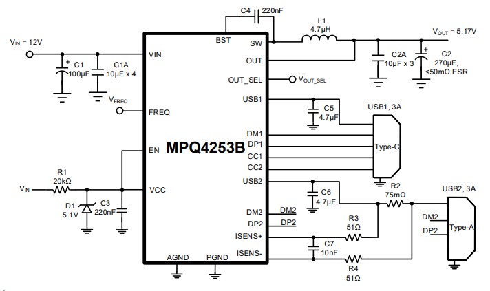 Application Circuit Diagram - Monolithic Power Systems (MPS) MPQ4253B Buck Converters